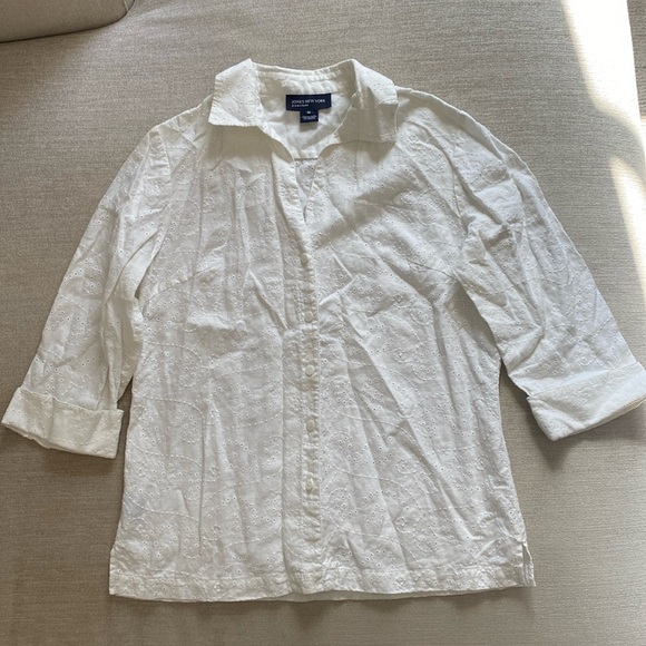 Jones New York Linen Eyelet Paisley Button Down Shirt White Blouse M - Picture 4 of 13